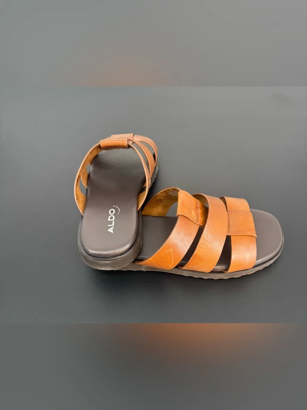 Aldo Men’s Tan Triple-Strap Leather Slide Sandals Size 10